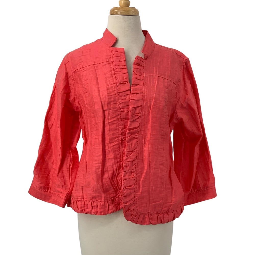 Chico's 3/4 Sleeve Open Front Linen Blazer/Jacket‎ Coral Ruffle Front Sz 1/Med
